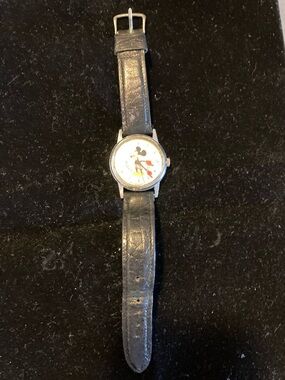 Vintage Mickey Mouse Wristwatch with Black Leather Strap